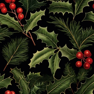 A seamless pattern featuring holly leaves and berries on a black background, with green ivy and cinnamon sticks. Perfect for holiday-themed projects.