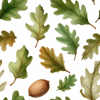 A charming botanical illustration featuring oak leaves and nuts in a trompe-l'oeil style.