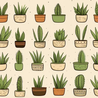 A cartoonish pattern featuring various cactus plants in light brown and green colors with glazed earthenware vessels in the background.