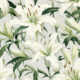 Botanical Lily Seamless Pattern with white flowers and leaves on a gray background