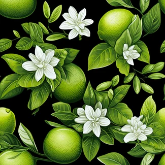 Botanical lime and flower seamless pattern on a black background