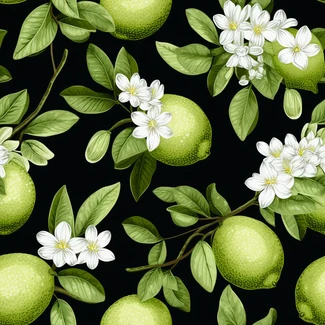 Botanical lime pattern with green fruit and white flowers on a black background.