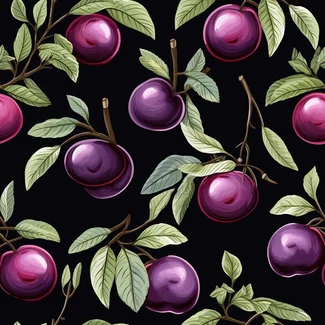 A playful pattern featuring purple plums and green leaves set against a black background.