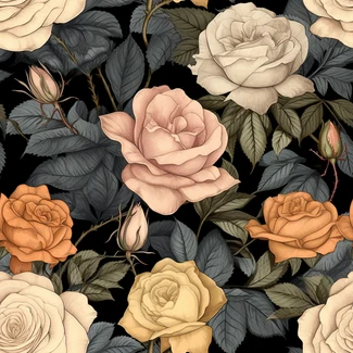 A seamless pattern of roses and leaves on a black background