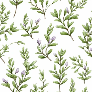 A seamless botanical pattern featuring thyme plants and branches in violet and green hues on a white background.