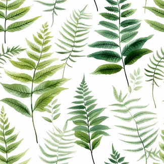 Botanical watercolor fern seamless pattern with leaves and flowers on a white background
