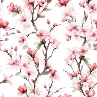 Cherry Blossom Trees Botanical Illustration Pattern on White Background