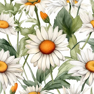 Daisy watercolor seamless pattern on white background with bright colors and detailed sketches