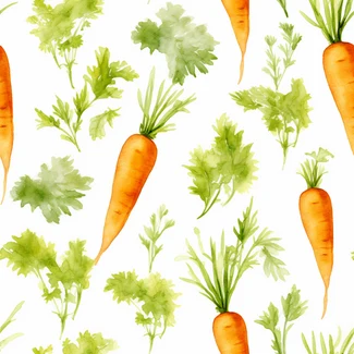 A watercolor seamless pattern featuring fresh carrots, parsley, and chives on a white background.