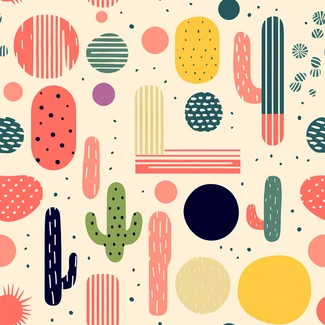 A colorful pattern featuring various cactus shapes in a minimalist style.