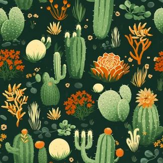 A seamless pattern of cacti and flowers on a dark green and orange background.