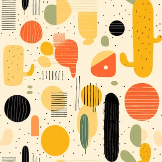 A playful pattern featuring colorful circles and cacti in shades of light yellow, dark orange, and brown.