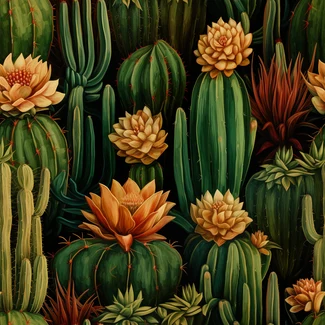 A seamless background of cactus plants in varying shades of green, orange, and amber.