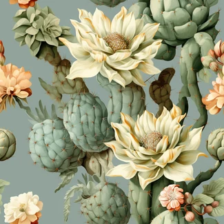 Cactus and Flower Pattern in shades of beige and aquamarine