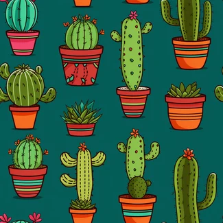 Colorful cactus pattern on a tan background with vibrant stage backdrops and decorative vessels.
