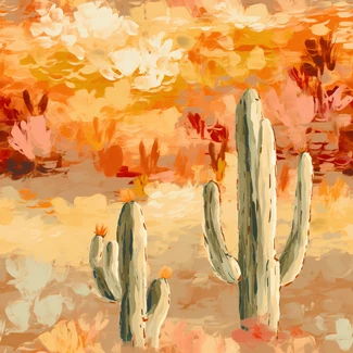 A colorful desert scene with cactus flowers and trees painted in a warm color palette using fluid brush strokes and impressionist techniques.