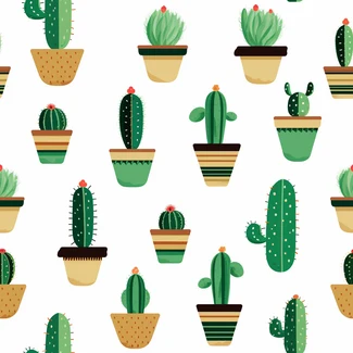 A seamless pattern featuring cacti in pots arranged in a minimalist style with afro-colombian themes and a green and amber color palette.