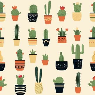 Illustration of multiple cacti plants in pots arranged in a pattern