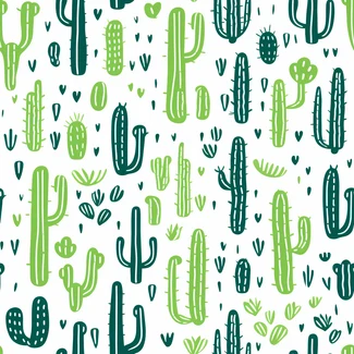 Seamless cactus pattern in shades of green, blue, navy, and turquoise on a white background.