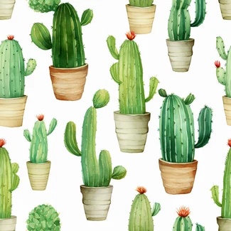 A repeating pattern of watercolor cactus plants in pots, rendered in warm shades of light brown and green.