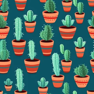 A vibrant seamless pattern of cacti in pots on a navy blue background