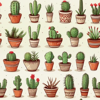 A colorful set of hand-drawn cacti plants in pots on a light brown and red background.
