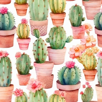A colorful seamless pattern featuring cacti and flowers in pots in watercolor style