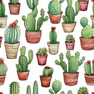 A watercolor pattern of cactus plants in pots on a white background.