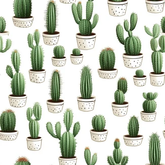 A seamless pattern of hand-drawn cactus plants in white pots on a white background.