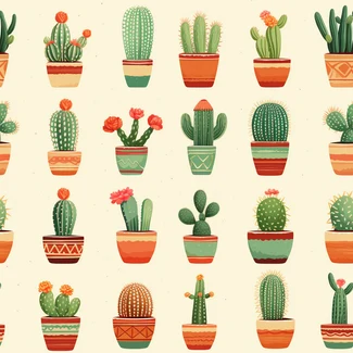 Illustration of various cacti in pots with warm tones and afro-colombian themes