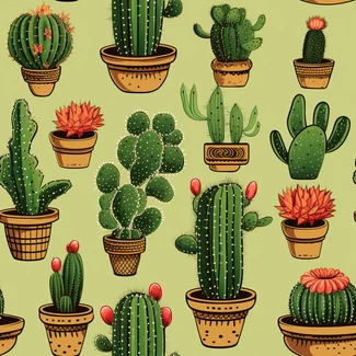 A seamless pattern of cactus plants and flowers in various pots on a green background.