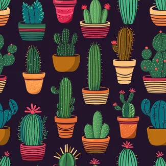 A seamless pattern of cactus plants in pots on a dark purple background.