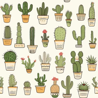 A hand-drawn illustration of various cactus plants in pots set against a beige background in a seamless repeating pattern