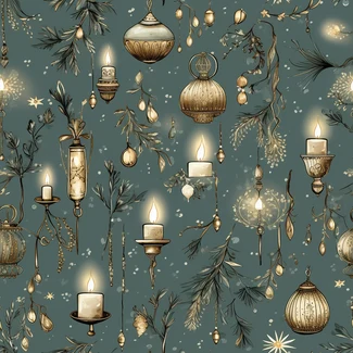 A pattern featuring candles, pinecones, trees, and leaves in dark gold and light aquamarine.