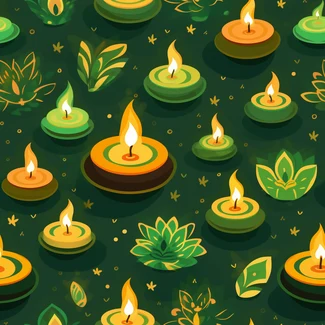 A seamless pattern featuring colorful candles and leaves set against a green background.