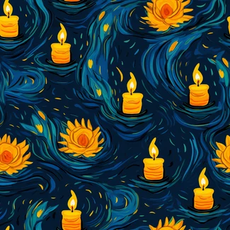 A seamless pattern of yellow candles and fireworks on a dark blue background.