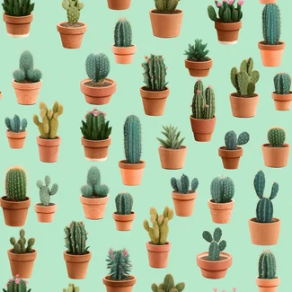 A pattern of cacti and succulents in pots on a turquoise background.