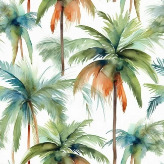 A seamless pattern featuring vivid watercolor palm trees on a white background with shades of light emerald, dark amber, and texture-rich aquarellist strokes.
