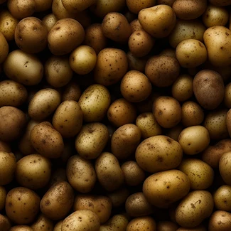 Macro photography of a pile of ripe potatoes with dark gold and beige hues.