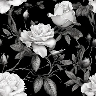 A monochrome seamless pattern featuring highly-detailed botanical illustrations of roses on a black background with twisted branches.