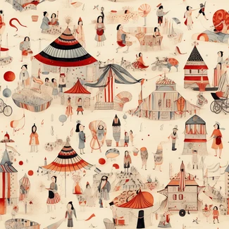 Colorful carnival circus fabric with Asian-inspired motifs and playful details