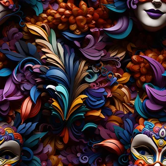 Colorful Carnival masks surrounded by flowers and leaves on a dark background