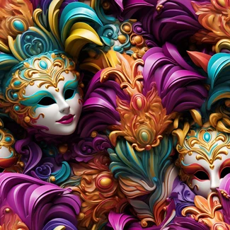 A collage of colorful carnival masks layered over each other in a mesmerizing effect.