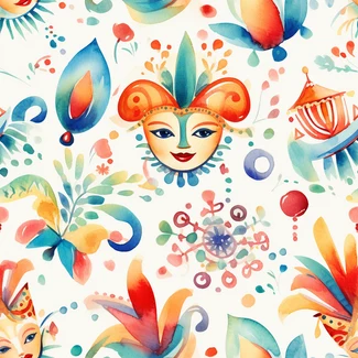 Watercolor flowers and masks on a colorful background