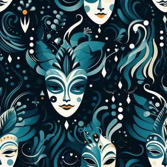 A seamless pattern of colorful masks set against a black background, drawing inspiration from traditional oceanic art, mardi gras, and masquerade masks, resulting in a carnivalcore delight for the senses.
