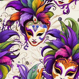 A colorful carnival pattern filled with masks, feathers, and flowers.