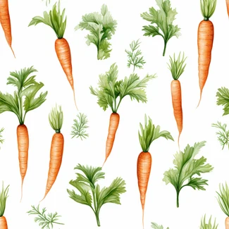A seamless watercolor pattern of carrots, cucumber, and leaves on a white background.