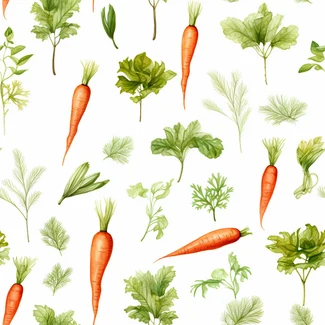 A watercolor pattern of carrots and roots in orange and green colors, with historical illustrations and intricate foliage.