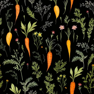 A seamless pattern of fresh vegetables on a black background with carrots and herbs.