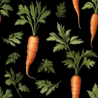 A seamless pattern of carrots and leaves on a black background.